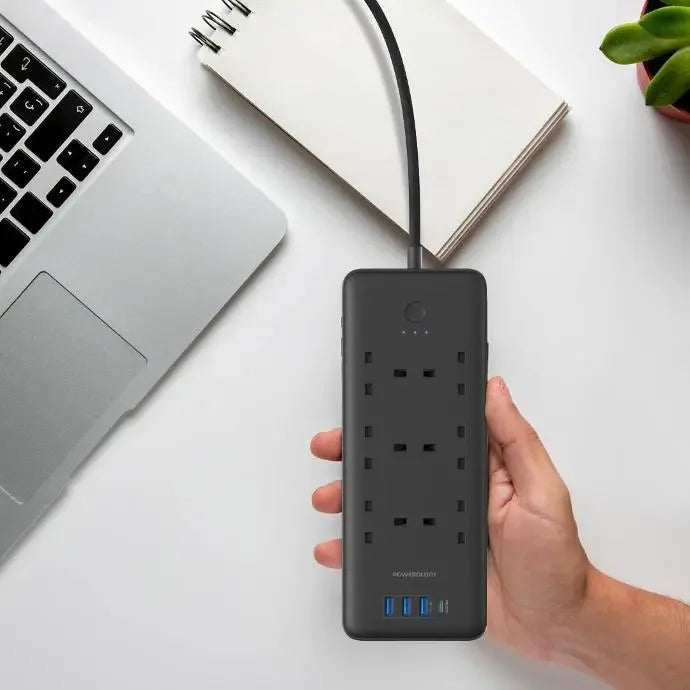 Powerology 48W 6AC 1x PD USB-C and 3x QC USB-A Power Strip with UK Plug - Black - Tashqila Powerology 48W 6AC 1x PD USB-C and 3x QC USB-A Power Strip with UK Plug - Black - Tashqila